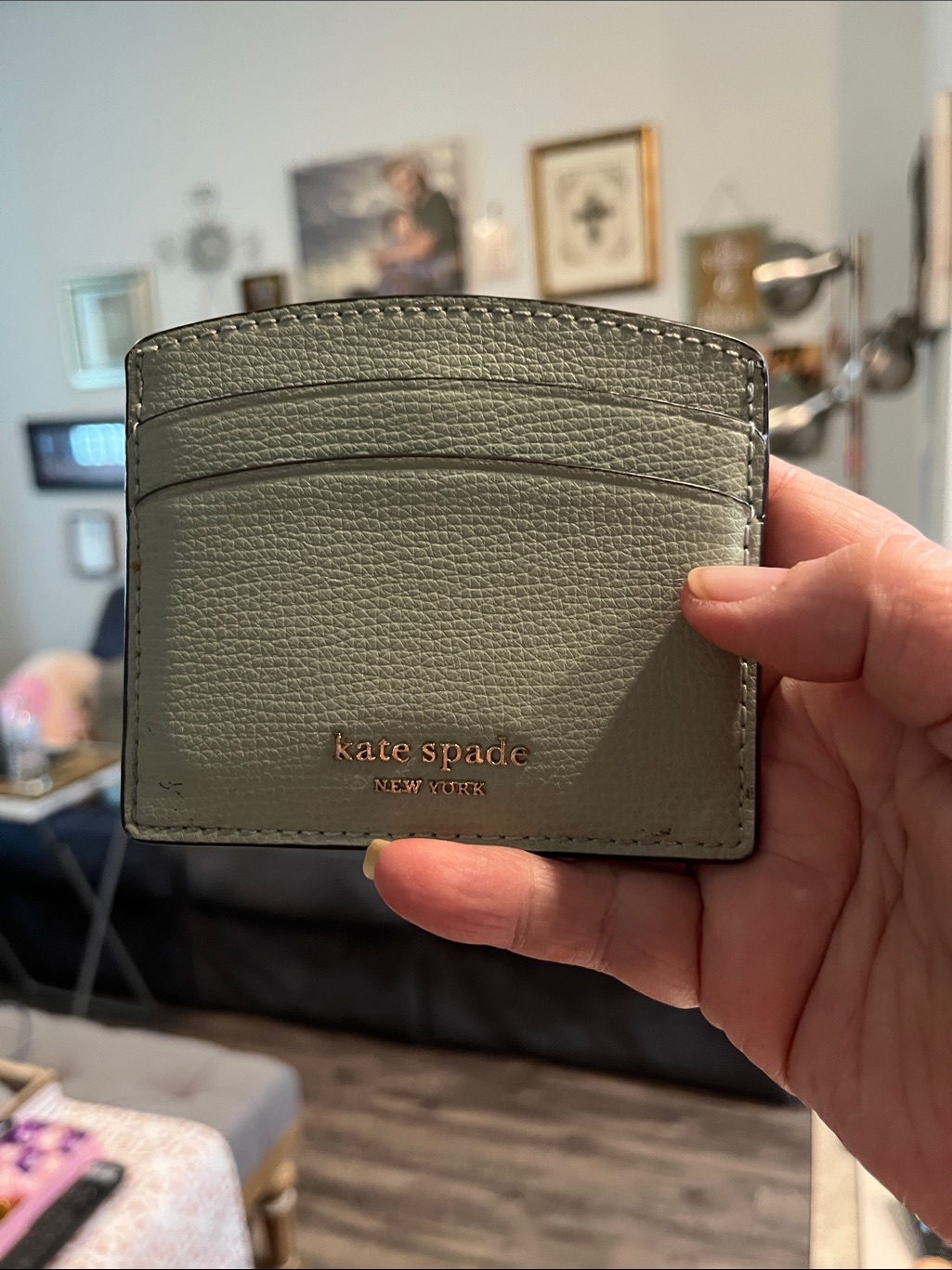 Kate Spade Sage Green Leather Card Holder With Gold Logo